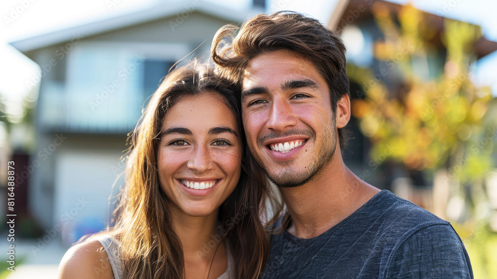 A joyful young couple smiling at the camera with a modern two-story house in the background in a suburban neighborhood
