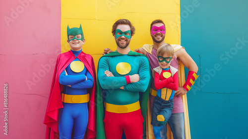 Family dressed as superheroes, posing confidently against a multicolored background. photo