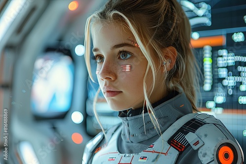 Futuristic Data-Surrounded Girl: Sci-Fi Grey Outfit Portrait