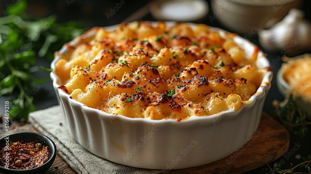 Front view fragrant mac and cheese with white background and spotlight for advertise and presentation. Created using generative AI Front view fragrant mac and cheese with white background and spotlight for advertise and presentation. Created using generative AI