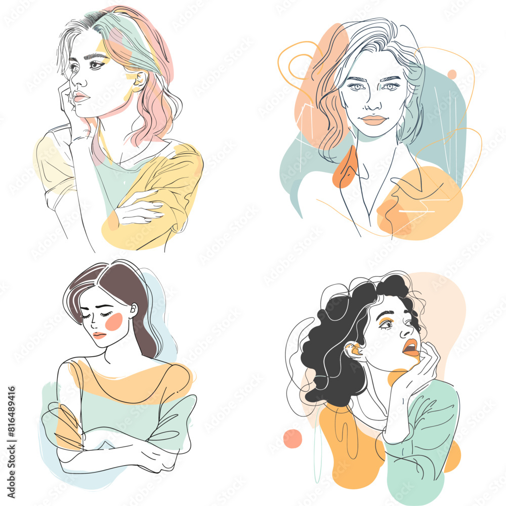 Minimalist line art portraits of stylish women with pastel abstract backgrounds. Perfect for modern fashion, beauty, lifestyle, and contemporary illustration projects. Minimalist line art portraits of stylish women with pastel abstract backgrounds. Perfect for modern fashion, beauty, lifestyle, and contemporary illustration projects.