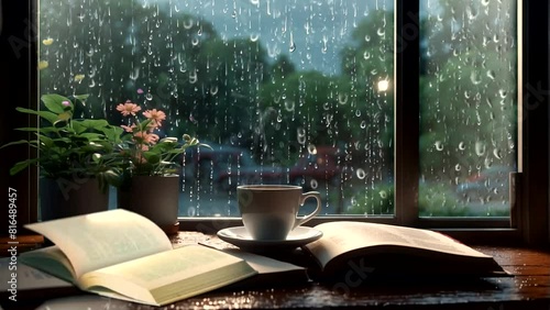 illustration of a cup of coffee and a book on a table near the window in the rainy season photo