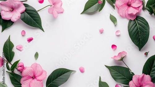 A white background with pink flowers and green leaves photo