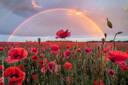 A rainbow arching over a poppy field  Memorial Day renewal.