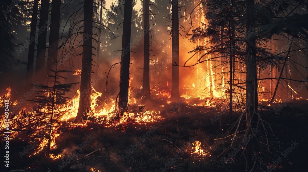 Forest fire at dusk with tall trees engulfed in bright flames and smoke rising into the evening sky Forest fire at dusk with tall trees engulfed in bright flames and smoke rising into the evening sky