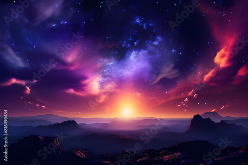 starry night sky solar storm with pink, orange and blue hue in mountain setting, ultra realistic, UHD