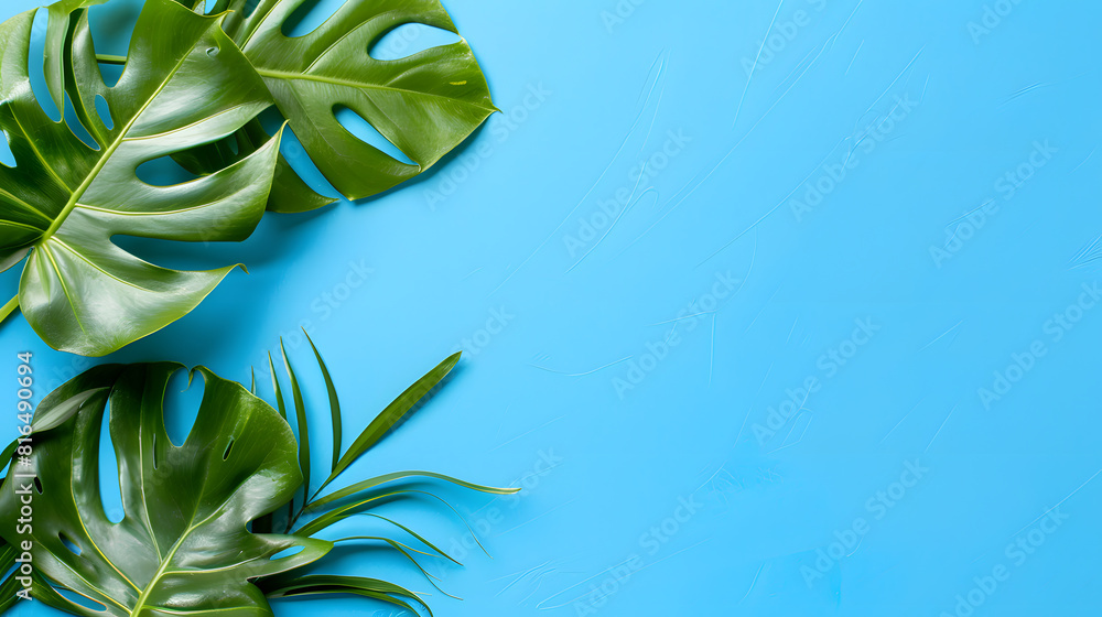 A monstera leaf on blue background, flat lay with copy space for text or design. Top view. Flat lay. Banner. summer concept A monstera leaf on blue background, flat lay with copy space for text or design. Top view. Flat lay. Banner. summer concept