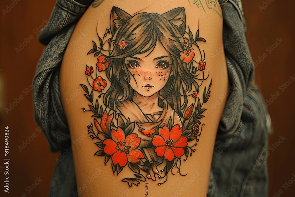 Φωτογραφία Stunning Japanese Girl Tattoo with Flower and Cat Ears Portrait Artwork
