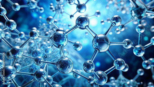 The image depicts a close-up view of a molecular structure made up of interconnected spheres. The background is a blue hue, and the molecular structure is in the foreground. The spheres range in size 