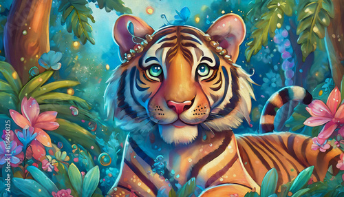 oil painting style Cartoon character Portrait of bengal tiger in jungle  