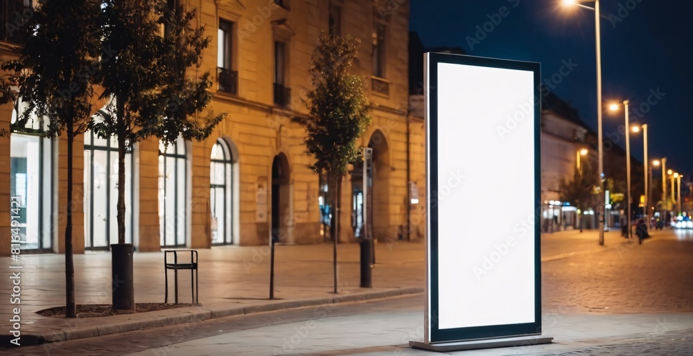 Blank white vertical advertising banner billboard stand on the sidewalk at night. Blank white vertical advertising banner billboard stand on the sidewalk at night.