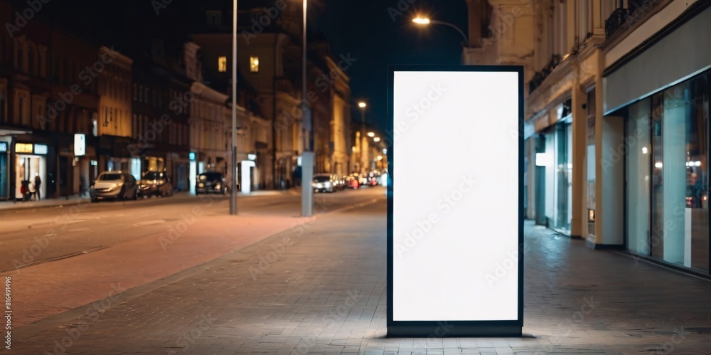 Blank white vertical advertising banner billboard stand on the sidewalk at night. Blank white vertical advertising banner billboard stand on the sidewalk at night.
