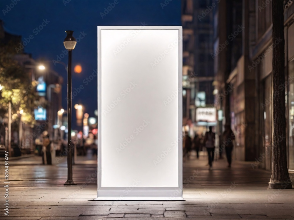 Blank white vertical advertising banner billboard stand on the sidewalk at night. Blank white vertical advertising banner billboard stand on the sidewalk at night.