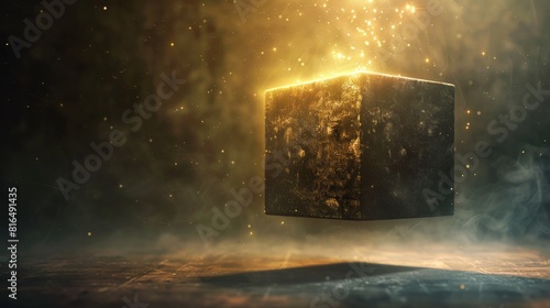 A Floating box, a confined dark concrete box, the box is floating high in the air, box is offset to the right side of the image, golden light and energy coming out of the top of th photo