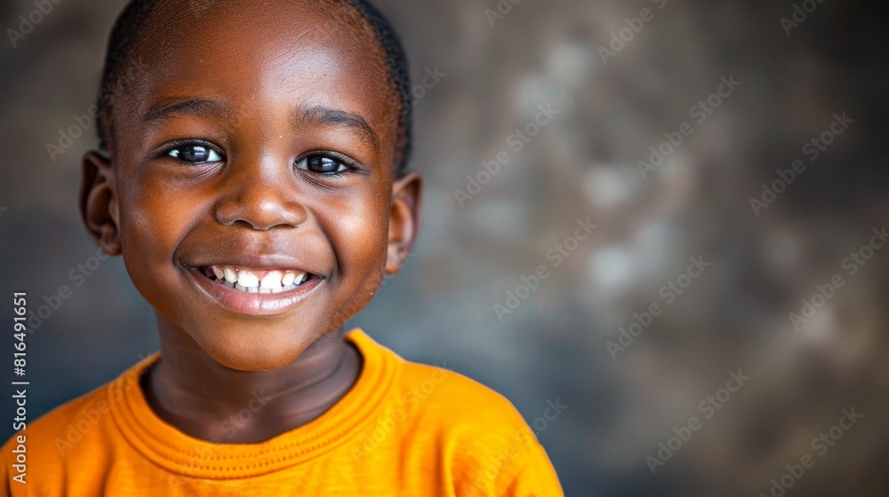 A child, smiling, wears an orange shirt against a gray backdrop A child, smiling, wears an orange shirt against a gray backdrop