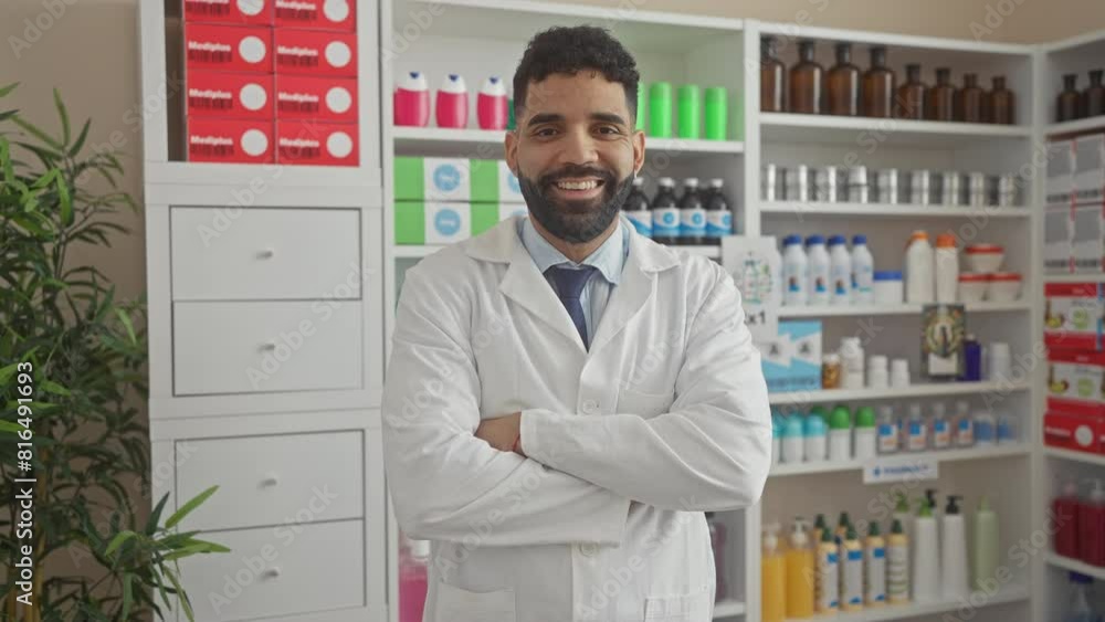 Handsome young hispanic man with a beard, wearing a lab coat, stands confidently in a pharmacy interior. Handsome young hispanic man with a beard, wearing a lab coat, stands confidently in a pharmacy interior.