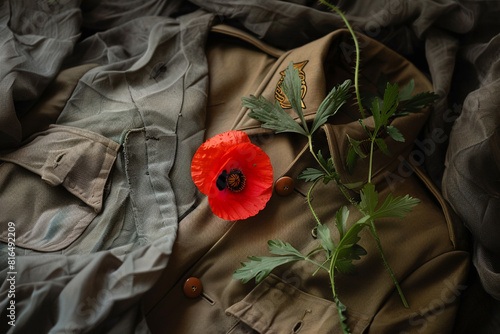 Memorial Day's past clothed in honor with a poppy placed on a vintage unim. photo