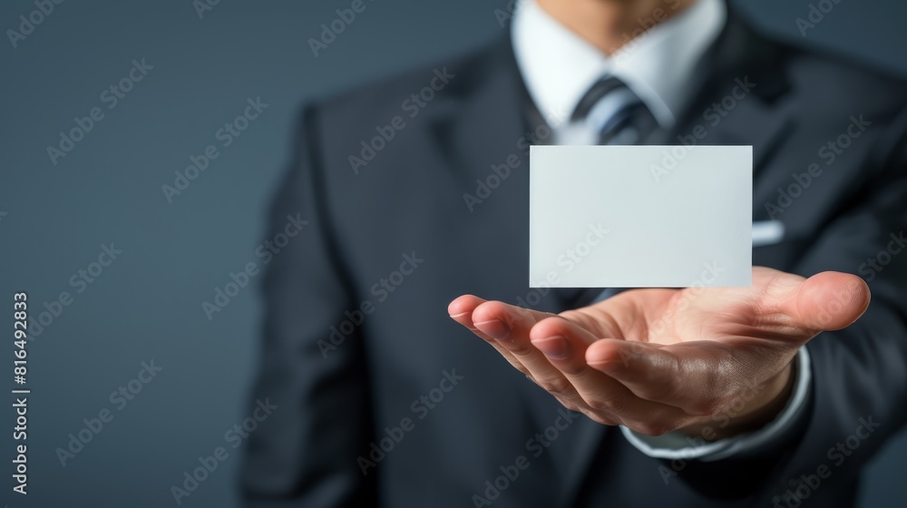 A man in a business suit holds a business card A man in a business suit holds a business card