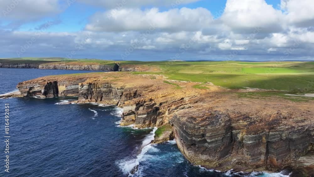 Drone Shot of Yesnaby Cliff and Vista Point on Coastline of Orkney, Scotland UK on Sunny Day Drone Shot of Yesnaby Cliff and Vista Point on Coastline of Orkney, Scotland UK on Sunny Day