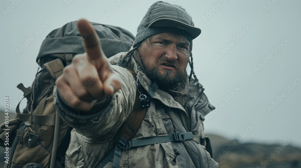 A man points at the camera, wearing one backpack A man points at the camera, wearing one backpack