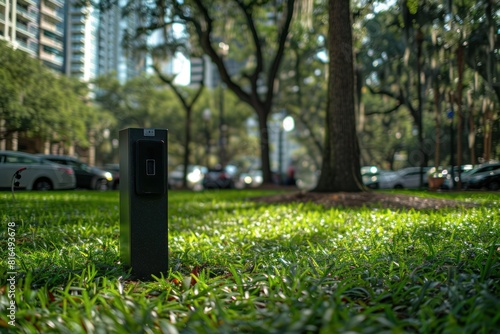 A black box with a button on it is sitting in a grassy field