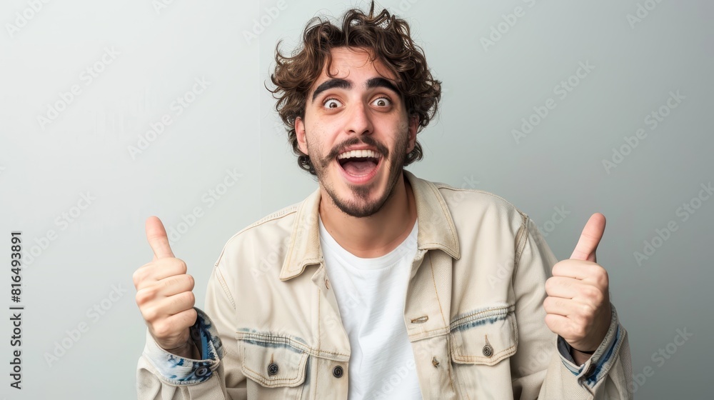 A surprised man in a tan jacket and white T-shirt raises a thumbs-up A surprised man in a tan jacket and white T-shirt raises a thumbs-up