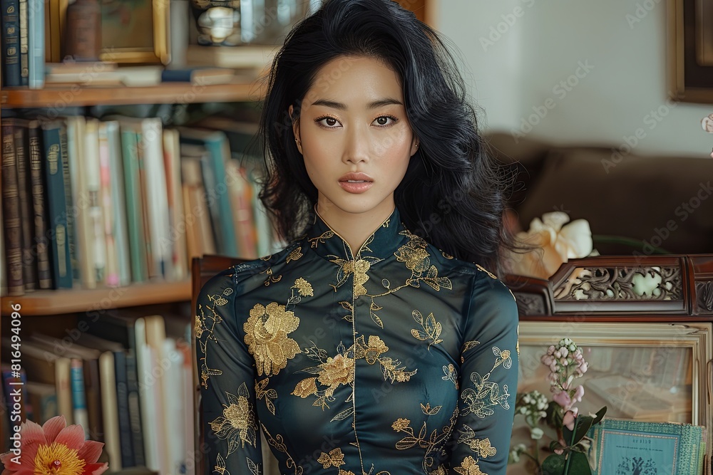 Woman of Fantasy: Dark Blue & Gold Library Portrait Woman of Fantasy: Dark Blue & Gold Library Portrait