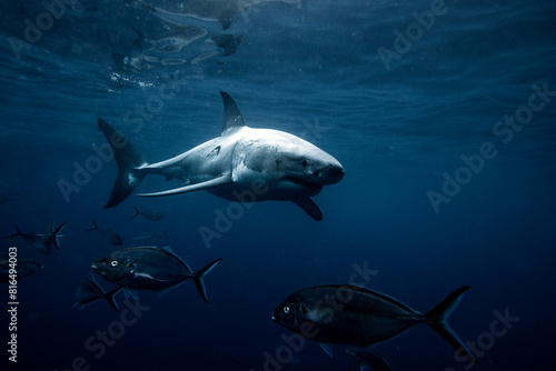 Great white shark with huge bite scar swimming in natural light in deep blue water with silver trevally fish