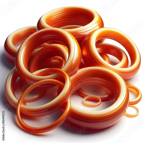 Close up view of vintage bakelite bangle bracelets in varying colors and widths on white background photo