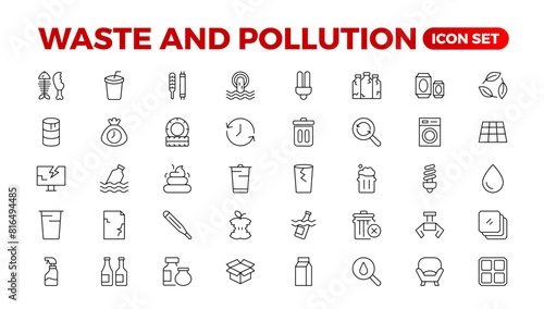 Climate change icon set. Containing global warming, greenhouse, melting ice, earth pollution and disaster icons. waste sorting, recycling. Linear collection. Outline collection set.