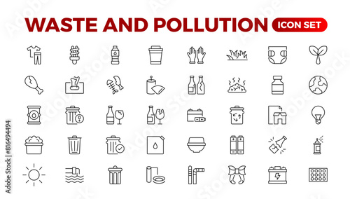 Climate change icon set. Containing global warming, greenhouse, melting ice, earth pollution and disaster icons. waste sorting, recycling. Linear collection. Outline collection set.