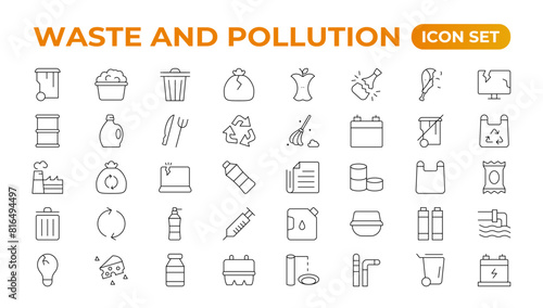 Climate change icon set. Containing global warming, greenhouse, melting ice, earth pollution and disaster icons. waste sorting, recycling. Linear collection. Outline collection set.