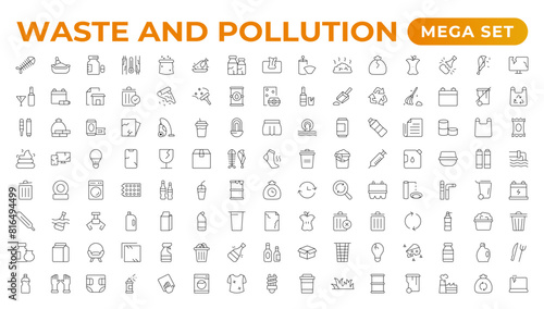 Climate change icon set. Containing global warming, greenhouse, melting ice, earth pollution and disaster icons. waste sorting, recycling. Linear collection. Outline collection set.