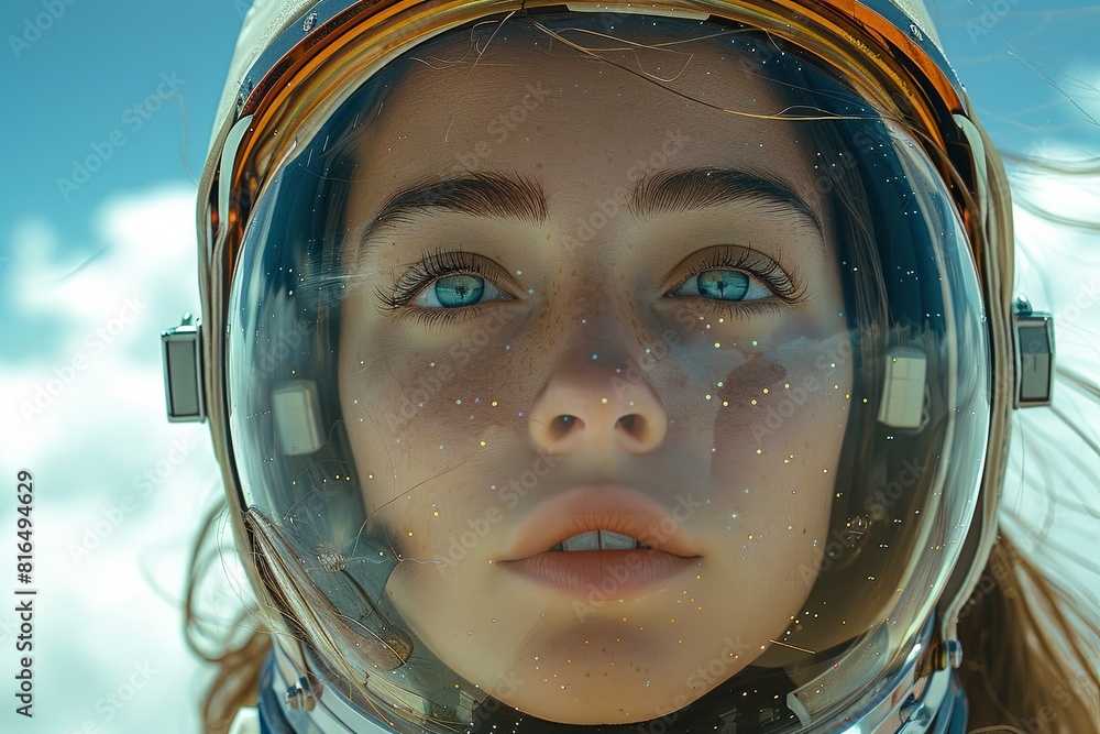 Spacelike Serenity: Girl in Astronaut Helmet with Cloudy Sky Landscape Spacelike Serenity: Girl in Astronaut Helmet with Cloudy Sky Landscape