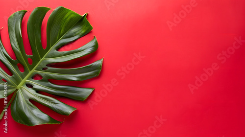 A monstera leaf on red background, flat lay with copy space for text or design. Top view. Flat lay. Banner. summer concept