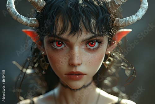 Red-Eyed Gothic Fantasy: Demoness in Skintight Attire photo