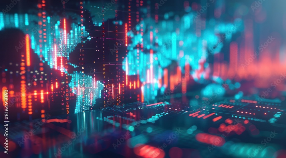 A computer generated image of a city with a blue background and red A computer generated image of a city with a blue background and red