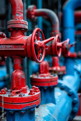 Red valves and blue pumps on industrial pipelines, conveying complexity of system