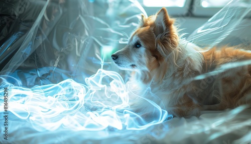 Cute puppy playing with bubble wrap.