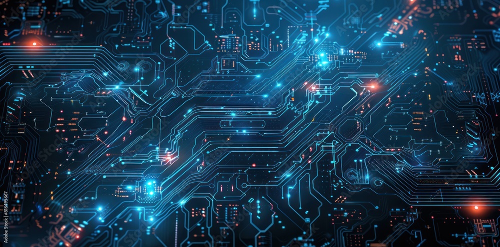 Fototapeta premium A computer chip with many blue and orange lights