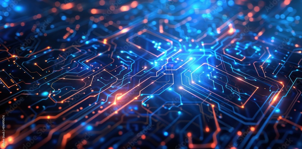 A computer chip with blue and orange lines