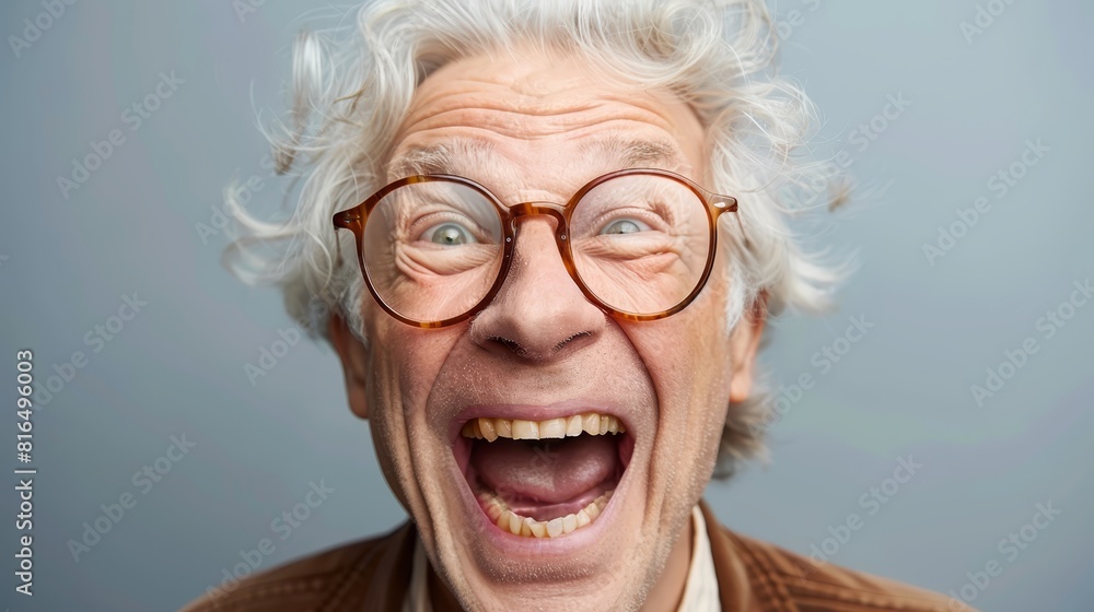  A tight shot of an individual in glasses, expressing a humorous expression with an opened mouth and widened eyes