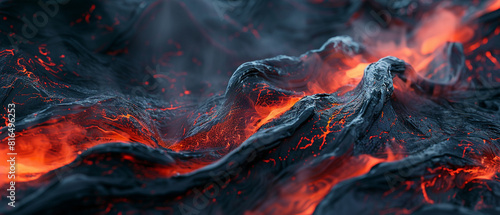 A closeup view of flowing red and black materials that mimic the intense dynamics of a volcanic eruption, captured in a hyperrealistic photography style photo