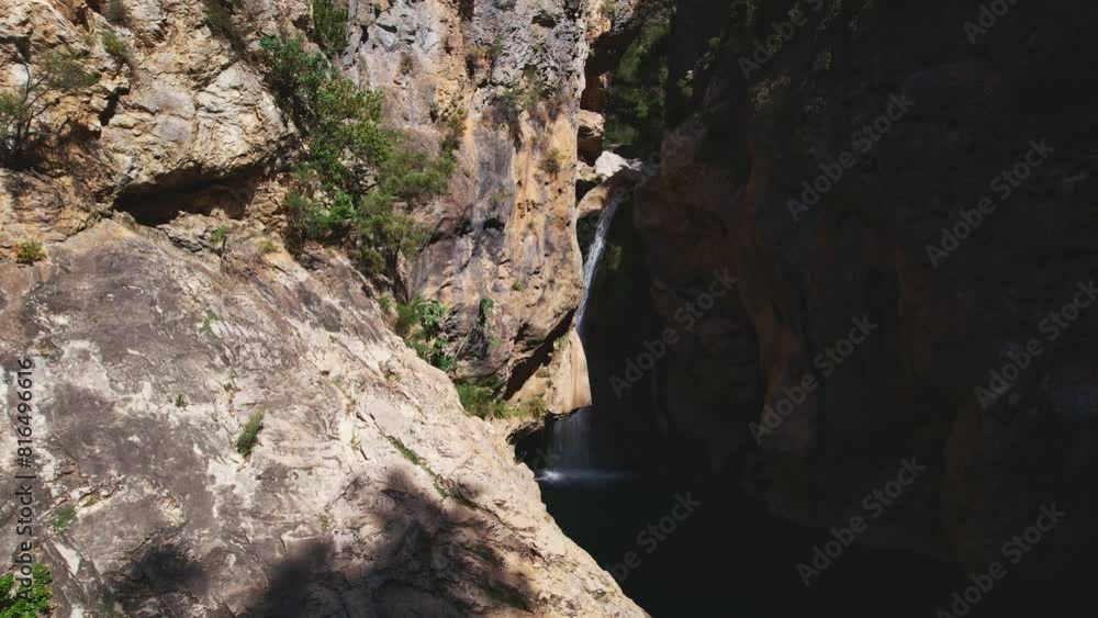 Waterfall and stream with showy turquoise waters. Orbit
aerial view. Derde river. Granada. Spain. Waterfall and stream with showy turquoise waters. Orbit
aerial view. Derde river. Granada. Spain.