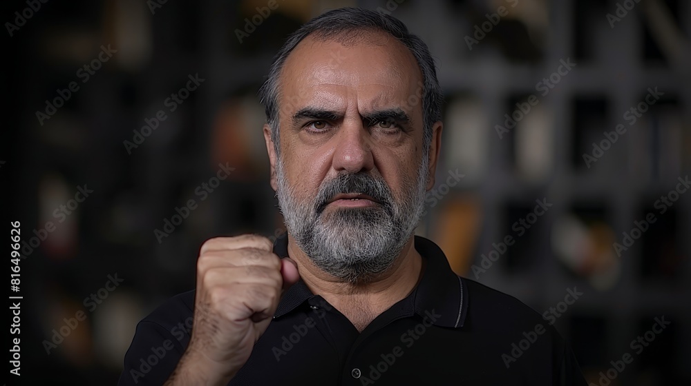 A tight shot of an individual in a black shirt and black polo, clenching right hand A tight shot of an individual in a black shirt and black polo, clenching right hand
