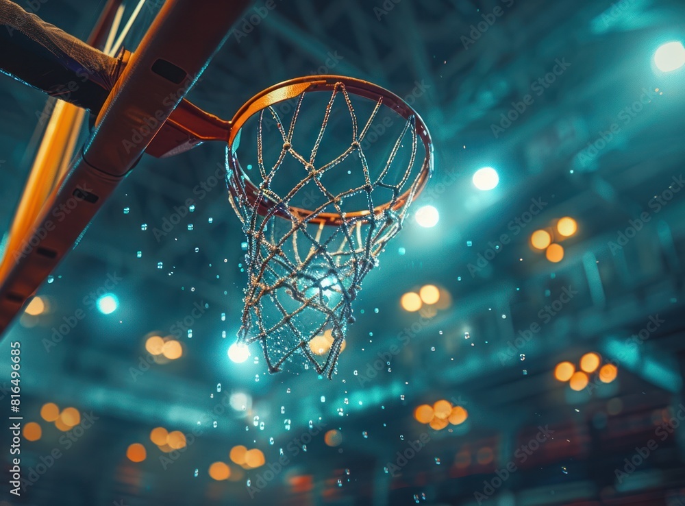 A basketball net is wet and the ball is in the net A basketball net is wet and the ball is in the net