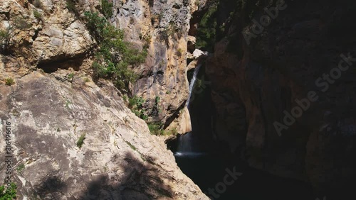 Waterfall and stream with showy turquoise waters. Orbit
aerial view. Derde river. Granada. Spain. photo