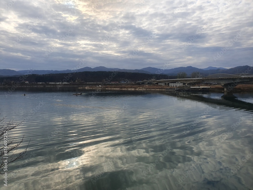 Fototapeta premium calm lake nature clouds river sunrise summer peaceful