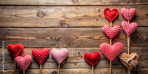 A quaint Valentine's Day setup with heart-shaped props on a rustic wooden background, perfect for romantic-themed designs.