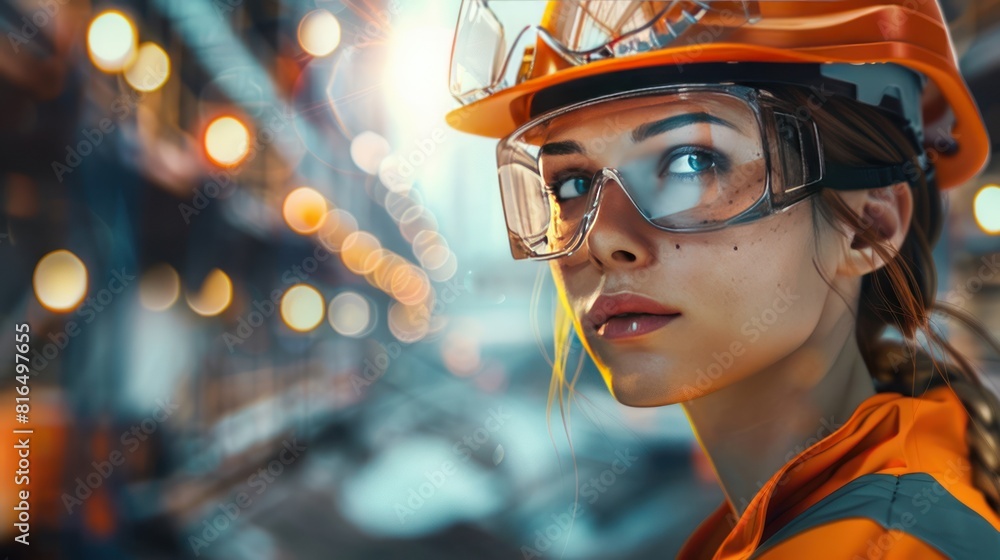 portrait of a young, female engineer wearing safety glasses and a hard hat, portrait of a young, female engineer wearing safety glasses and a hard hat,